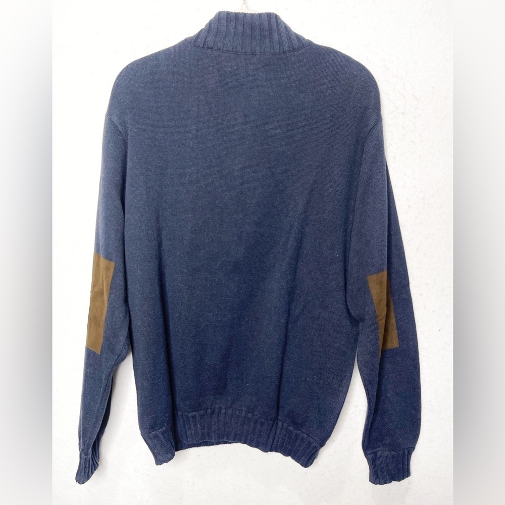 Alex Cannon 100% Cotton Knit Pull Over Navy Blue Sweater Brown Elbow Patches Med - Picture 3 of 7